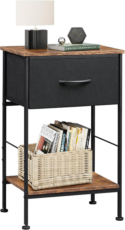 WLIVE Small Black Nightstand with Drawer, Fabric Bedside Table, 25.0" H | Night Stand with Open Wood Shelf, End Table with Steel Frame, Side Table for Bedroom, Dorm, Easy Assembly
