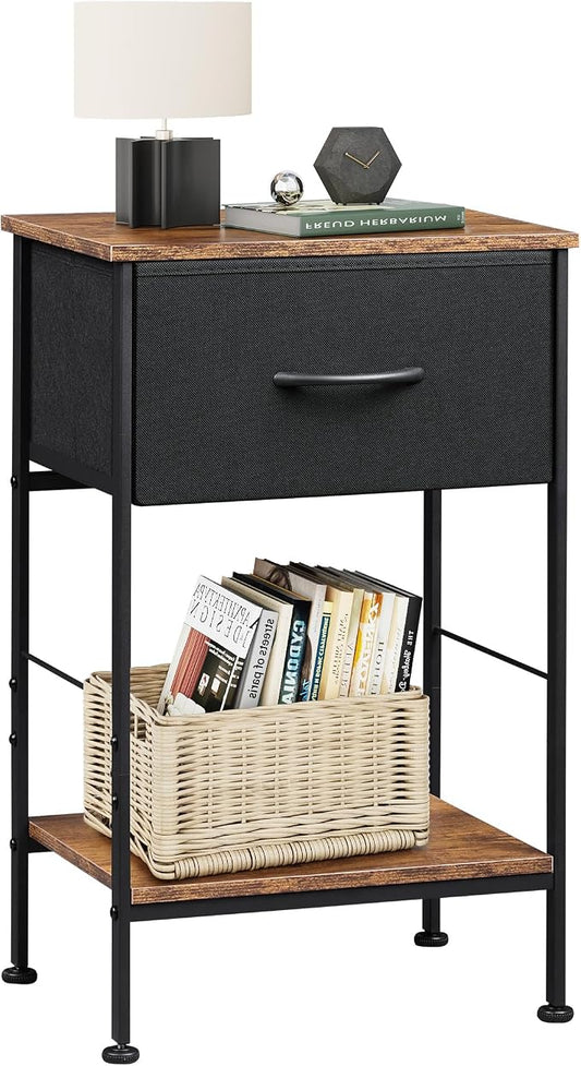WLIVE Small Black Nightstand with Drawer, Fabric Bedside Table, 25.0" H | Night Stand with Open Wood Shelf, End Table with Steel Frame, Side Table for Bedroom, Dorm, Easy Assembly