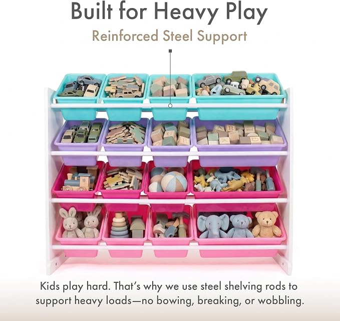 Humble Crew Toy Storage Organizer with 16 Removable Storage Bins for Kids Playroom, 4-Tier Toddler Toy Organization, White/Blue/Pink/Purple