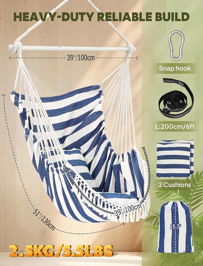 Chihee Hammock Chair Hanging Swing Max 500 Lbs 2 Cushions Included Metal Spreader Bar with Anti-Slip Grooves Portable Hanging Chair Side Pocket Large Macrame Bohemian Chair Indoor Outdoor