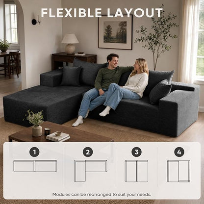 Boneless Couch, 102.4" Sectional Couches for Living Room with L Shape Sofa | Cloud Couch Sectional with Chaise, Modular Cloud Sofa with Deep Seat, No Assembly, Black, Corduroy, Left Chaise