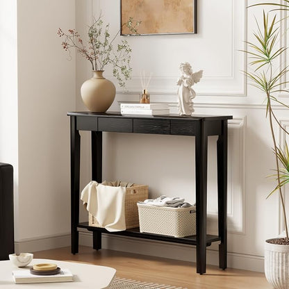 AQIMUELE Wood Console Table with Drawers, Mid Century Modern Console Table Black for Entryway, Living Room, Hall Way.