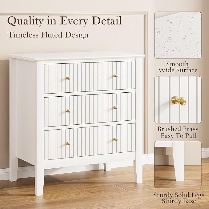 Night Stand, Fluted 3 Drawer Wide Farmhouse Nightstand with Gold Handle, Modern Wooden Bedside End Table for Bedroom, Living Room, White