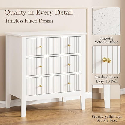 Night Stand, Fluted 3 Drawer Wide Farmhouse Nightstand with Gold Handle, Modern Wooden Bedside End Table for Bedroom, Living Room, White