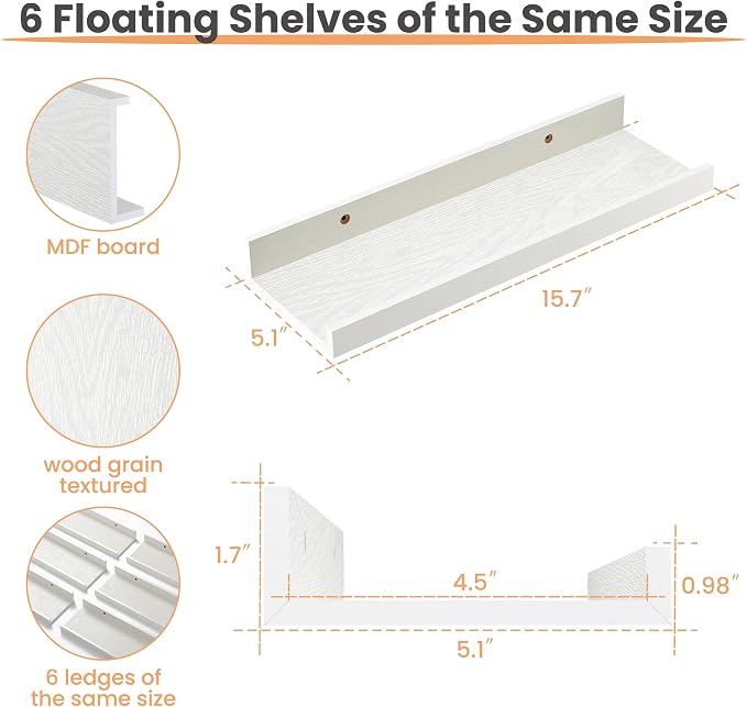 upsimples Floating Shelves for Wall, Wall Shelves for Decor Storage Set of 6, Wall Mounted Wood Shelf for Bedroom, Living Room, Bathroom, Kitchen, Picture Ledge Shelf, White