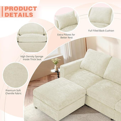 84” Chenille 3-Seats Sofa W/Movable Ottoman, Beige | Modern Fabric L-Shaped Couch w/Soft Backrests, Upholstered Sectional Sofa w/Arm Pillows for Living Room