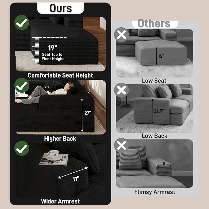 143" Oversized U Shaped Cloud Sectional Couches for Living Room, Comfy Fluffy Corduroy Black Boneless Couch, Large Modular Sectional Sofa Set with Chaise, Cup Holder, USB Port, Storage Console