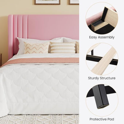 SHA CERLIN Queen Size Velvet Upholstered Platform Bed Frame with Vertical Channel Tufted Wingback Headboard, Wooden Slats Support, Easy Assembly, Under Bed Storage, No Box Spring Required, Pink