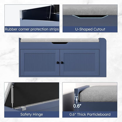 39.4" Storage Bench - Entryway Shoe Bench with Side Storage Shelves and 2 Doors, Multifunctional Entryway Bench with Lift Top Cushion, Shoe Storage Bench for Bedroom, Living Room, Navy Blue