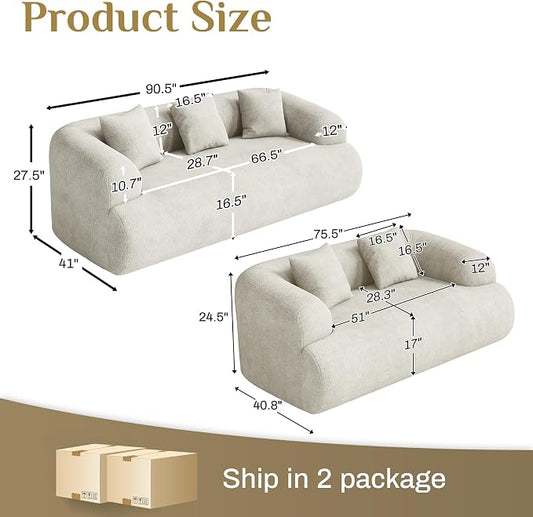 Boneless Couch Set, 91" + 75'' Cloud Couch Set, Chenille Curved Sofa, Modern Compression Sofa for Living Room, Bedroom and Apartment, No Assembly Required, Beige White