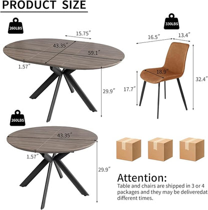 HIPIHOM 43.2"-59.1" Oak Round Extendable Table with PU Chairs Set of 7 | Includes 6 PU leather chairs, mid century modern, thickened MDF table top, scratch resistant, space saver