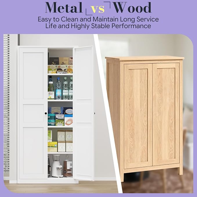 71" Tall Metal Pantry Cabinet,Kitchen Pantry Cabinet with 4 Adjustable Shelves and Magnetic Doors,Cupboard for Kitchen/Dining Room/Bathroom/Home Office(White)