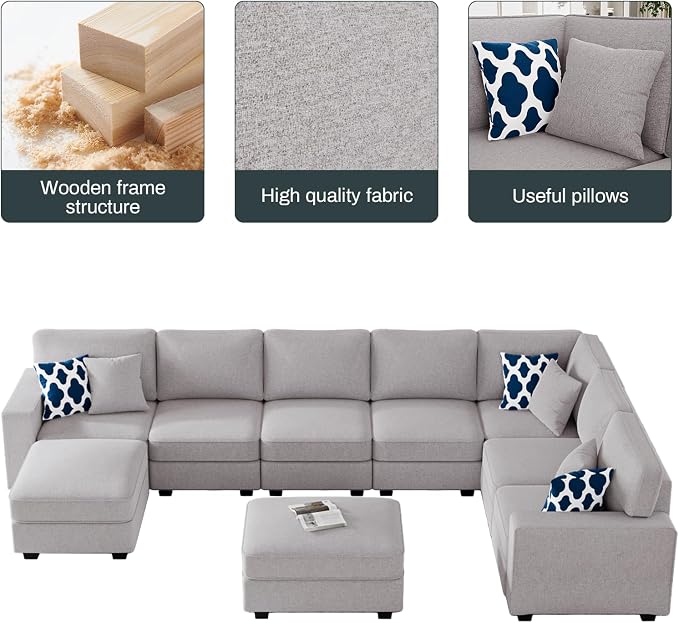 Legend Vansen Oversized Modular Sectional Sofa,U/L‑Shaped Reversible Couch with Ottoman,Deep Seat Plush Polyester Sofa for Living Room,9‑Seater,Light Grey