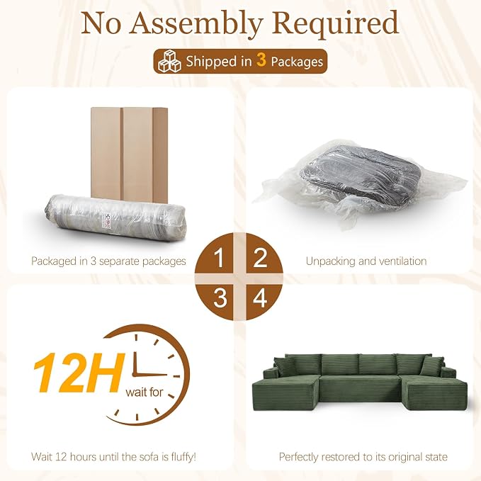 125" Modular Sectional Sleeper Sofa, Boneless Cloud Couch for Living Room, U Shaped 5 Seat Sofa with 2 Storage Pockets& 2 Cup Holders, Free Combination, No Assembly Required (Green, 125")