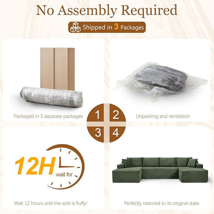 125" Modular Sectional Sleeper Sofa, Boneless Cloud Couch for Living Room, U Shaped 5 Seat Sofa with 2 Storage Pockets& 2 Cup Holders, Free Combination, No Assembly Required (Green, 125")