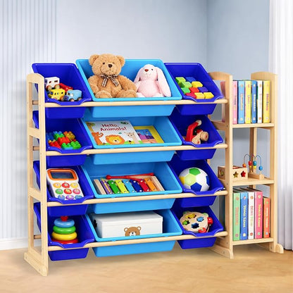 Kids Toy Storage Organizer with Bookshelf – Wooden Shelf with 12 Bins & 3 Shelves, Quick Assembly Storage Rack for Playroom, Bedroom, Nursery– Blue
