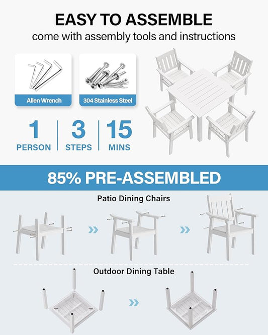 YEFU HIPS Patio Table Set: 5 Piece Outdoor Square Table and Chairs with Metal Aluminum Frame - White Modern Plastic Patio Dining Furniture Set 4 Person for Outside Deck