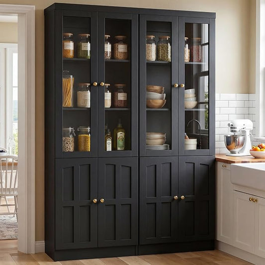 Cyclysio 80" Kitchen Pantry Cabinet with Glass Doors and Adjustable Shelves, Kitchen Cabinet with Thickened Top Panel, Tall Cabinet for Livingroom, Pantry, Bathroom, Black, Set of 2