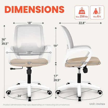 NEO CHAIR Office Desk Ergonomic Computer Mesh Chair with Lumbar Mid Back Support Adjustable Height Swivel Rolling Wheels Comfy Task Vanity Chair for Home Bedroom Study (Beige)