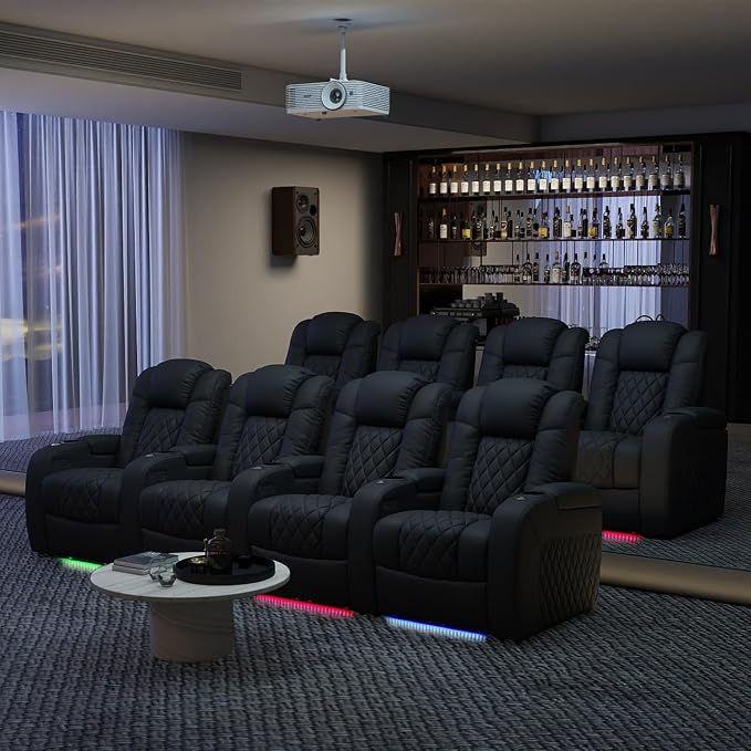Weilianda Home Theater Seating Top Grain Leather Zero Gravity Recliner Chair Power Headrest Recline Movie Seat Gaming 7 Colors Mood Light Sofa with Tray Table USB Charge Row of 4 Loveseat Right Black