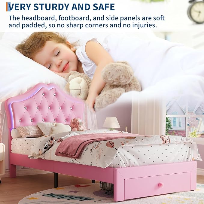 Garvee Twin XL Size Bed Frame with LED Lights & Velvet Crystal Button Headboard, Upholstered Boy Platform Bed with Storage Drawer, Noise Free, No Box Spring Needed for Kids, Teens, Pink