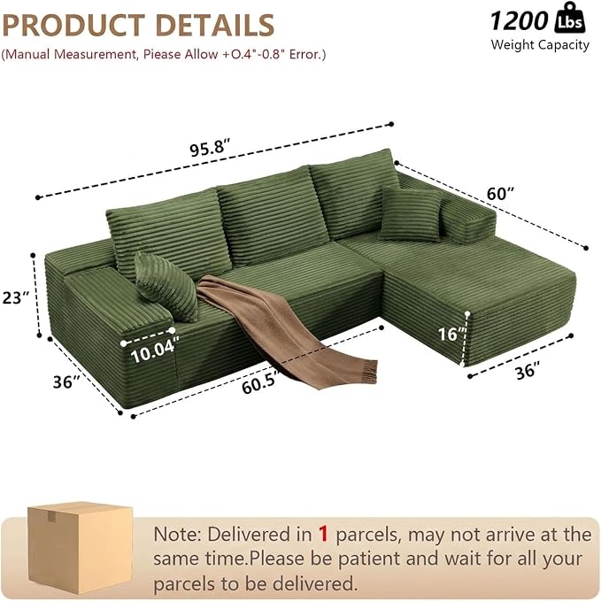 Sectional Couches for Living Room Cloud Couch Sofa with L-Shape Couch in a Box Upholstered Boneless Couchs Modern Modular Sectional Couch with Chaise (Green,B-3 Seater-Right-Facing Chaise-96 inch)