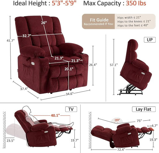 MCombo Dual Motor Power Lift Recliner Chair with Massage and Heat for Elderly People, Infinite Position, USB Ports, Cup Holders, Fabric 7890 (Medium, Burgundy)