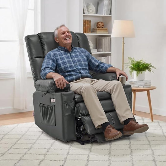 MCombo Dual Motor Power Lift Recliner Chair for Elderly, Lay Flat Lift Chair with Heat and Massage, Cup Holders, USB Ports, Faux Leather 7890 (Grey, Medium)
