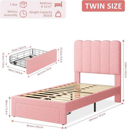 GarveeHome Twin Bed Frame with Under-Bed Drawer, Upholstered Platform Bed with Wave Headboard for Kids/Girls, Wooden Slats Support, No Box Spring Needed, Boucle Pink, 2 Sets