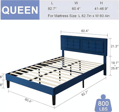 VECELO Queen Size Bed Frame, Adjustable Upholstered Button Tufted Headboard, Heavy-Duty Bedframe with Wood Slats Support, No Box Spring Needed, Aegean Blue