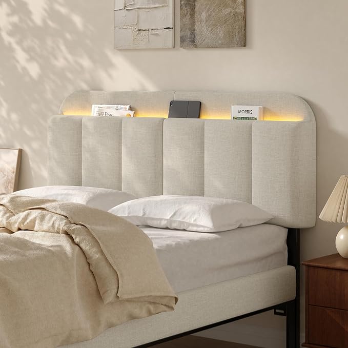 Adjustable Headboard for Full/Queen Size Bed Frame, Linen Fabric Bed Headboard with Storage & RGB LED Light in Modern Vertical Channel Design, White