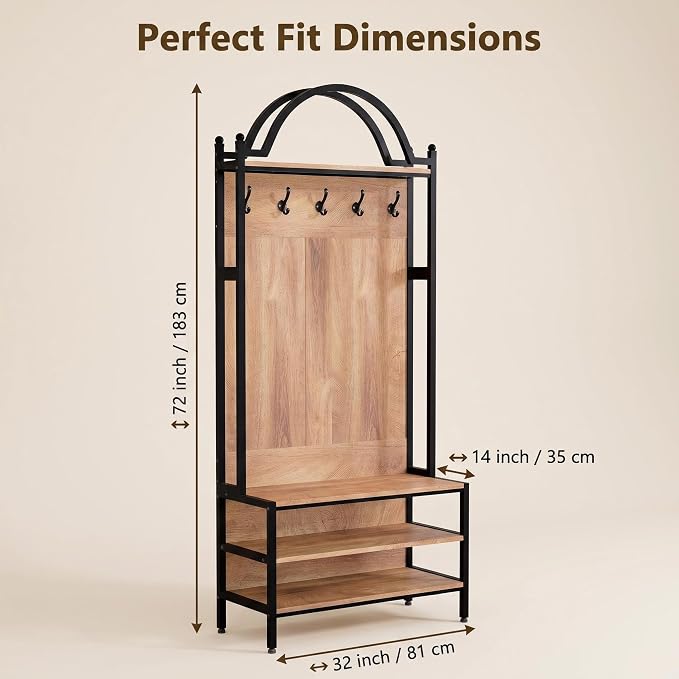 72" Farmhouse Hall Tree with Bench and Shoe Storage, Entryway Coat Rack with 5 Hooks, Arched Hall Tree with Shoe Rack Organizer, Rustic Wood & Metal Frame for Entryway, Mudroom, Foyer