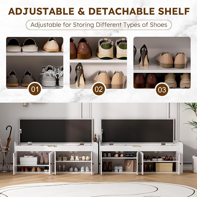 47.2" Storage Bench - Entryway Shoe Bench with Side Storage Shelves and 4 Doors, Multifunctional Entryway Bench with Lift Top Cushion, Shoe Storage Bench for Bedroom, Living Room, White