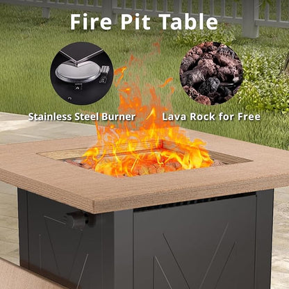 Hexago 28 Inch Propane Fire Pit Table, Gas Square Outdoor Fire Table Dinning with Lid, Lava Stone, 50000BTU, ETL Certification, for Outside Garden Backyard Deck Patio