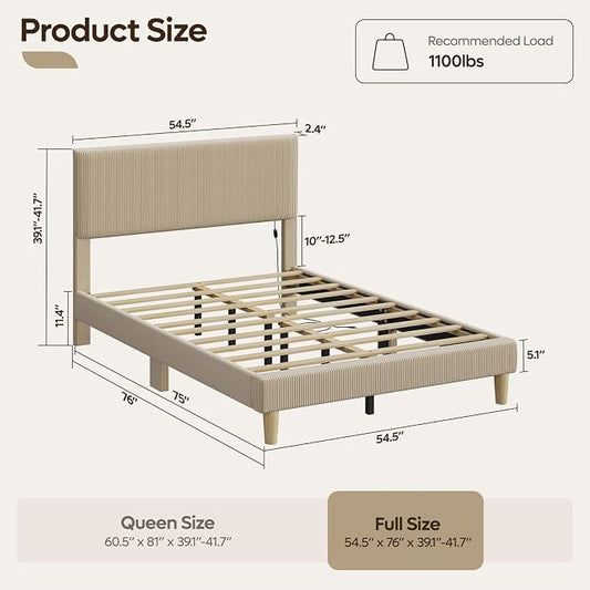 Bestier Full Size Bed Frame with Adjustable Headboard,LED Light,Taupe | Wood Slats Support,Easy Assembly,LED Lighting Headboard,No Squeaks,Vertical Channel Corduroy Upholstered,No Box Spring Needed