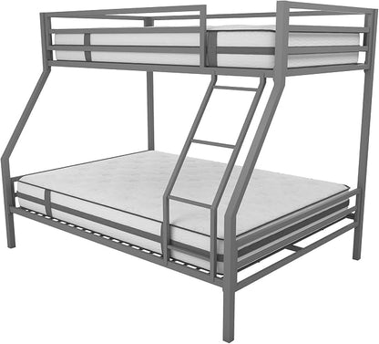 Novogratz Maxwell Metal Bunk Bed Frame for Kids and Teens, with Angled Ladder, High Guardrail and Metal Slats, No Boxspring Required, Underbed Storage Space, Twin-Over-Full, Gray
