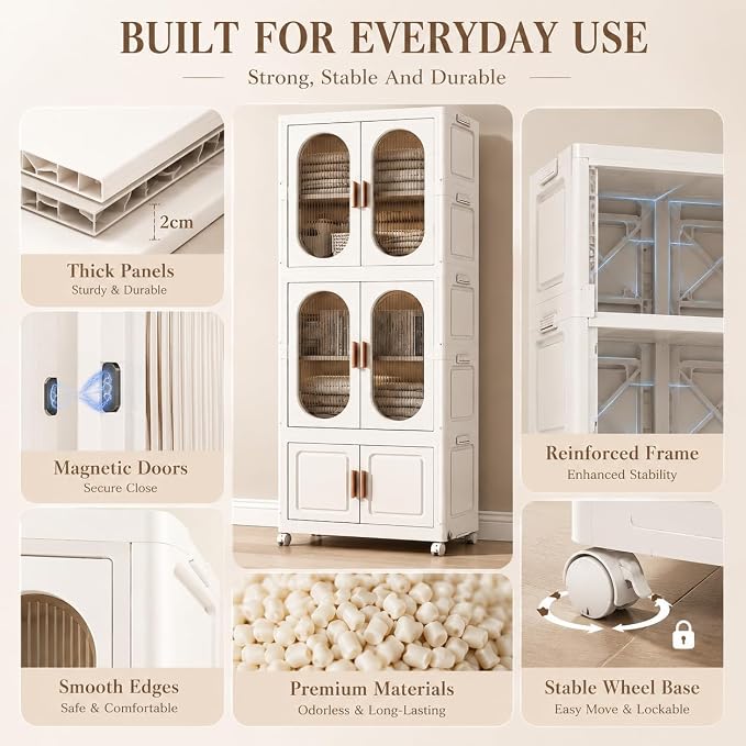 2-Tier Hanging Foldable Closet with Storage Bin, 3-Tier Portable Armoire Organizer, Modular Folding Cabinet with Doors & Wheels for Nursery Room Organization, Clear