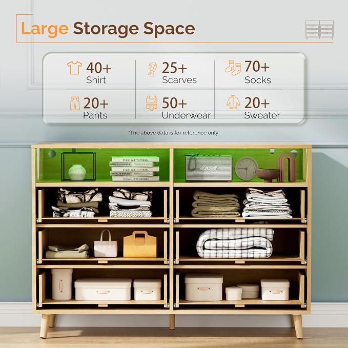 VINGLI Fluted Dresser Led, 6 Drawer Dresser for Bedroom, Light Wood Bedroom Dressers Oak, 47" W*15.75" D*33" H