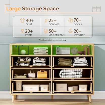 VINGLI Fluted Dresser Led, 6 Drawer Dresser for Bedroom, Light Wood Bedroom Dressers Oak, 47" W*15.75" D*33" H