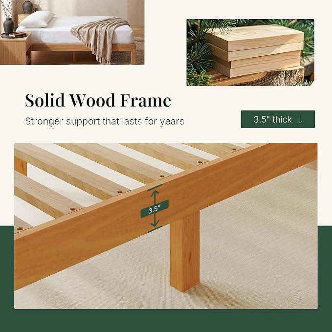 Sweetcrispy Twin Size Bed Frame 12 inch Heavy Duty Platform Bedframe, 500 lbs Capacity, Underbed Storage, No Box Spring Needed, Wooden Slats, Easy Assembly with Velcro, Honey Finish