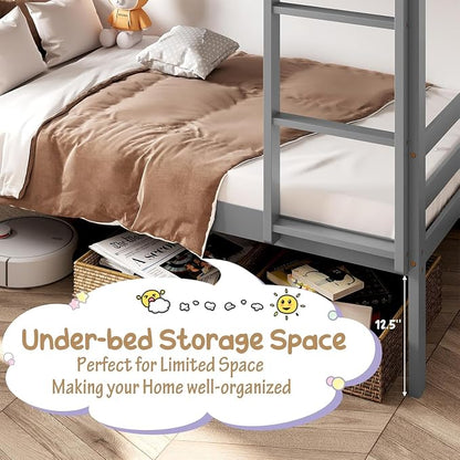 NAFORT Bunk Bed Twin Over Twin, Solid Wood Bunk Bed with Ladder and Safety Rails, Wooden Bed Frame for Kids Teens or Guests, Space-Saving Furniture for Bedroom Dorm, Gray