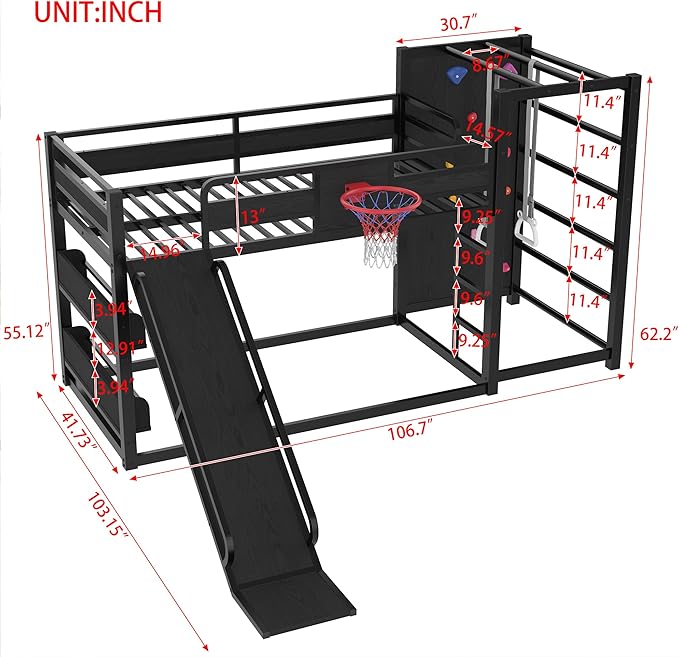 Bellemave Twin Size Bunk Bed with Basketball Hoop, Pull-up Rings and Climbing Wall, Twin Bunk Bed with Slide and Bookcase, Heavy Duty Bunk Beds with Guardrail, Black