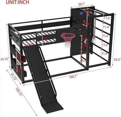 Bellemave Twin Size Bunk Bed with Basketball Hoop, Pull-up Rings and Climbing Wall, Twin Bunk Bed with Slide and Bookcase, Heavy Duty Bunk Beds with Guardrail, Black