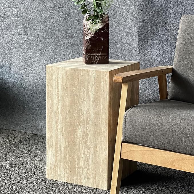 Luxury Marble Side Table,Square End Table for Modern Sofa and Bed, Living Room, Sofa, Bedroom(Travertine)