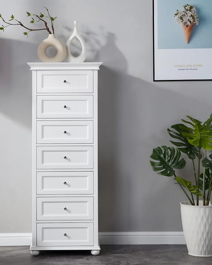 Tall Skinny Dresser for Bedroom with 7 Drawers, White Narrow Wood Dresser | Tall Vertical Chest of Drawers Dresser for Closet Storage, Silent Glide System, Zinc Alloy Knobs, 20" W x 16.5" D x 52" H
