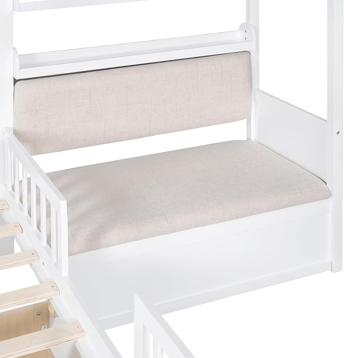 Merax Twin Size House Bed with Upholstered Sofa Seat, White L-Shape Wooden Platform Bed Frame with Two Drawers and Storage Shelf