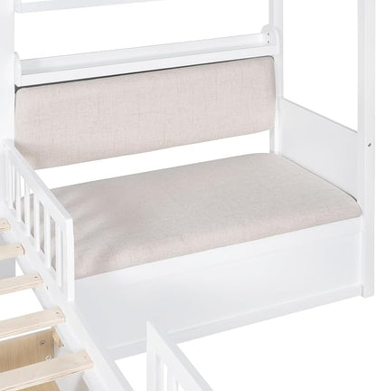 Merax Twin Size House Bed with Upholstered Sofa Seat, White L-Shape Wooden Platform Bed Frame with Two Drawers and Storage Shelf