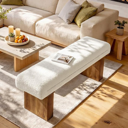 Solid Wood Entryway Bench, 47" Farmhouse End of Bed Bench, Ottoman Indoor Bench with Cushion, Upholstered Window Bench for Entryway, Living Room, White & Brown