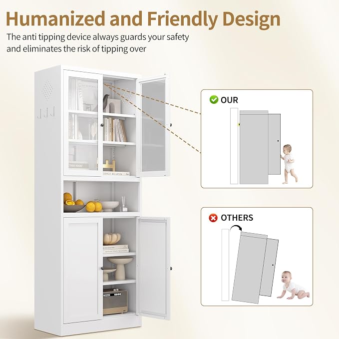 Kitchen Pantry Cabinet, 72" H Storage Cabinet with Glass Doors and Adjustable Shelves, Spacious Cupboard with 2 Handles, Metal Kitchen Cabinet for Dining Room, Living Room, White