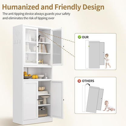 Kitchen Pantry Cabinet, 72" H Storage Cabinet with Glass Doors and Adjustable Shelves, Spacious Cupboard with 2 Handles, Metal Kitchen Cabinet for Dining Room, Living Room, White